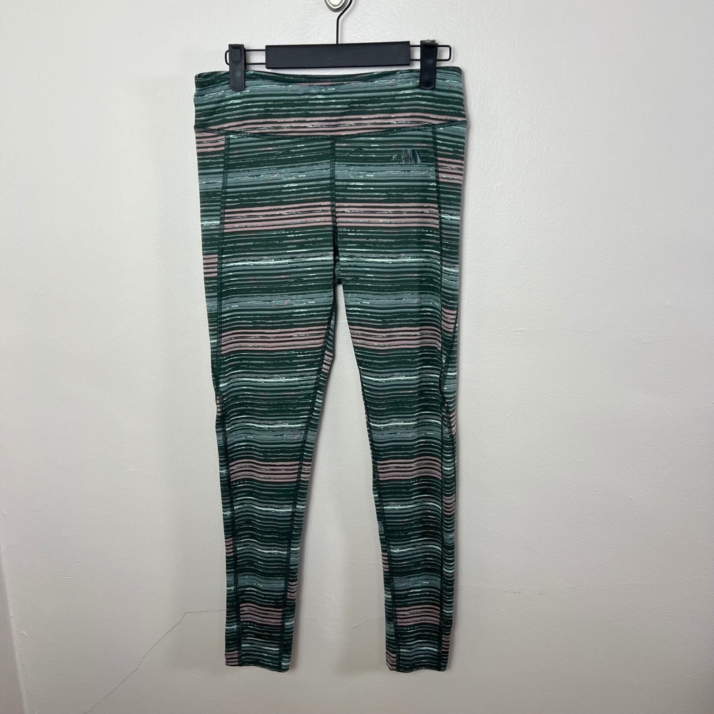 The North Face Womens Size M Athletic Leggings Green Pink Stripe FlashDry